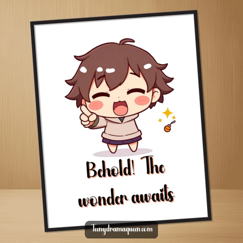 Funny Free Printable Wall Art: A character dramatically pointing at an unseen tiny object with intense focus and excitement, creating a humorous scene.