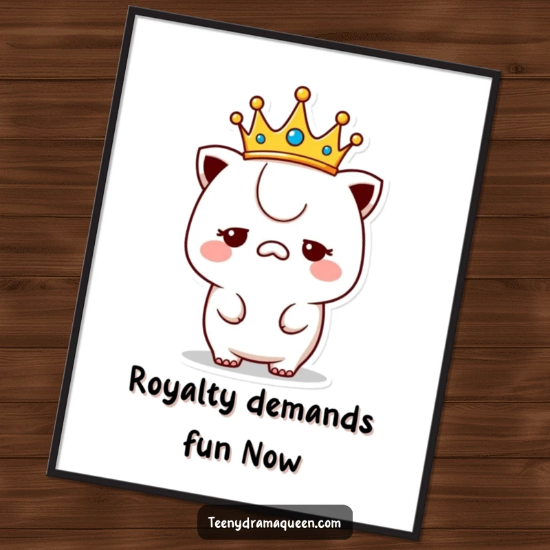 Funny Free Printable Wall Art: Kawaii character wearing a tiny crown, looking utterly unimpressed, a hilariously regal piece of decor.