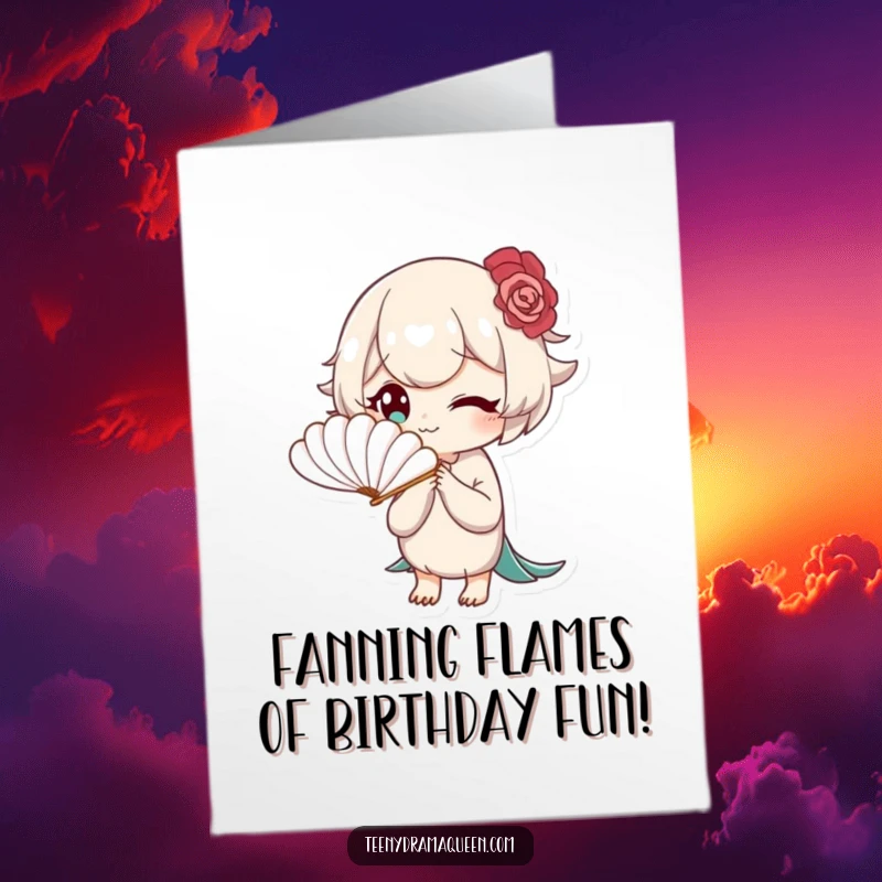 Funny Free Printable Birthday Card: Bored character elegantly fans herself, looking unimpressed, perfect for a birthday gag.