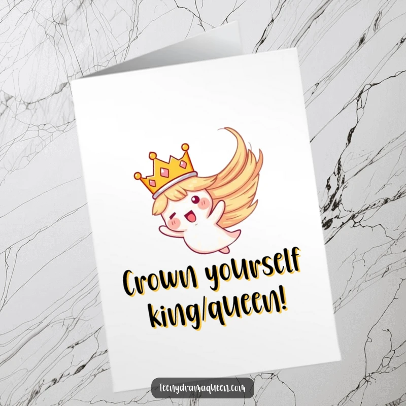 Funny Free Printable Birthday Card: Tiny golden crown soaring dramatically through a sparkly whirlwind, celebrating a birthday.