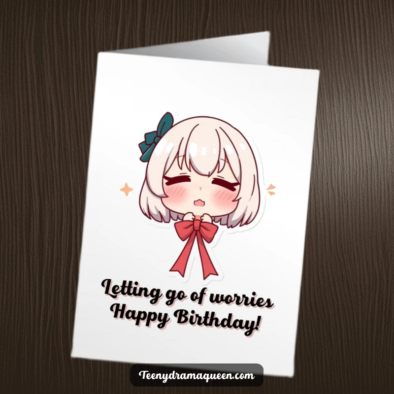 Funny Free Printable Birthday Card: Character dramatically sighs, letting go of a ribbon, conveying relatable birthday humor.