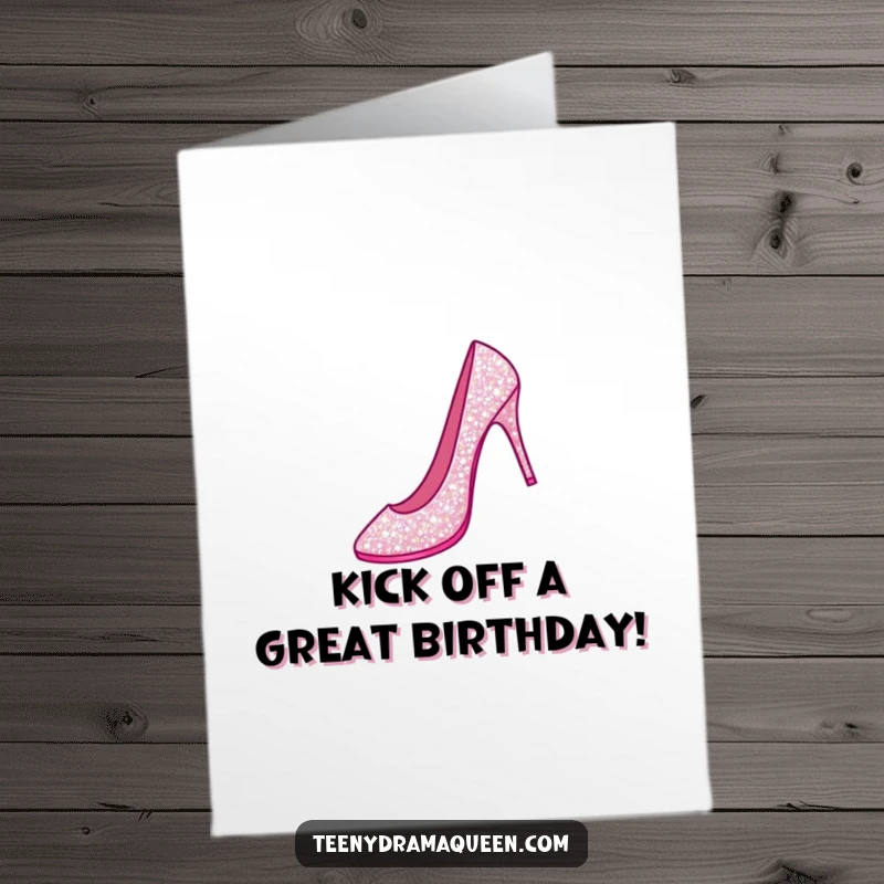 Funny Free Printable Birthday Card: Sparkly stiletto shoe performing a dramatic grand jeté, celebrating a birthday with style.