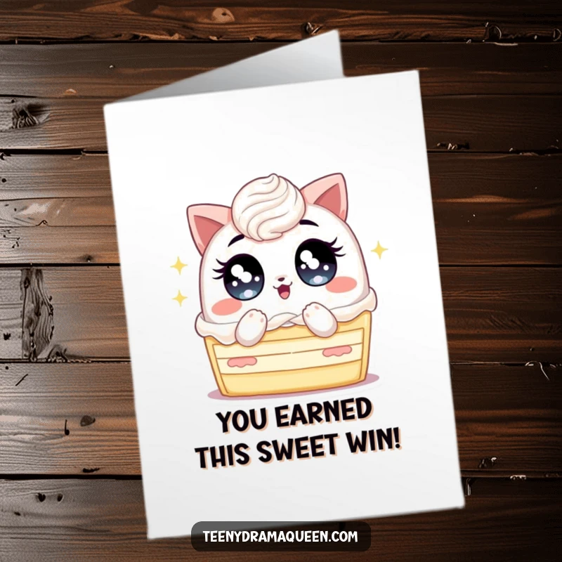 Funny Free Printable Congrats Card: Cake with huge sparkly eyes fanning itself vigorously, celebrating a hot achievement.