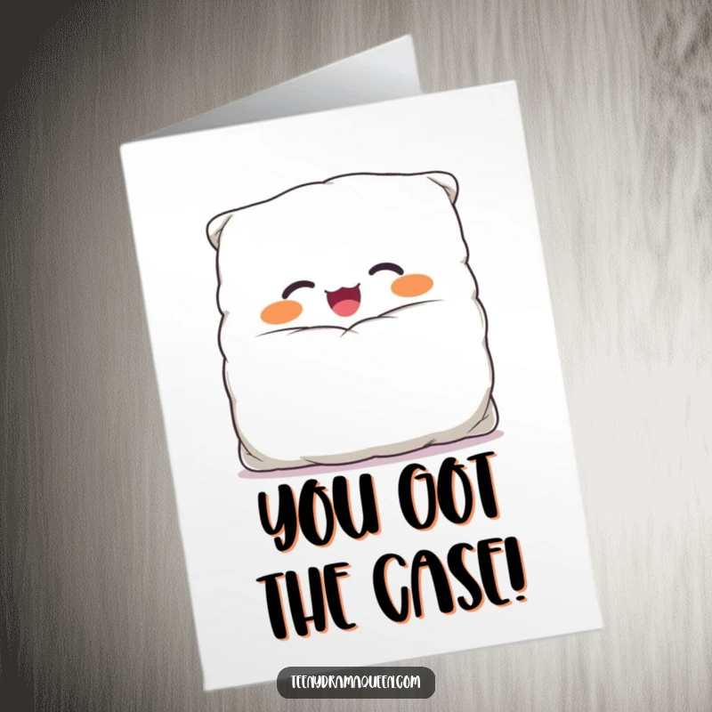 Funny free printable congratulations card with a giggling, overstuffed pillow character looking thrilled, perfect for celebrating any achievement.