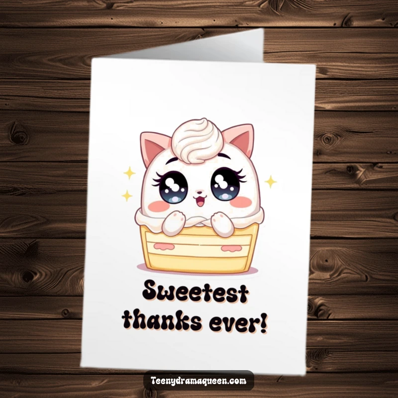 Funny Free Printable Thank You Card: Cake with big sparkling eyes fanning itself hard, expressing warm thanks.