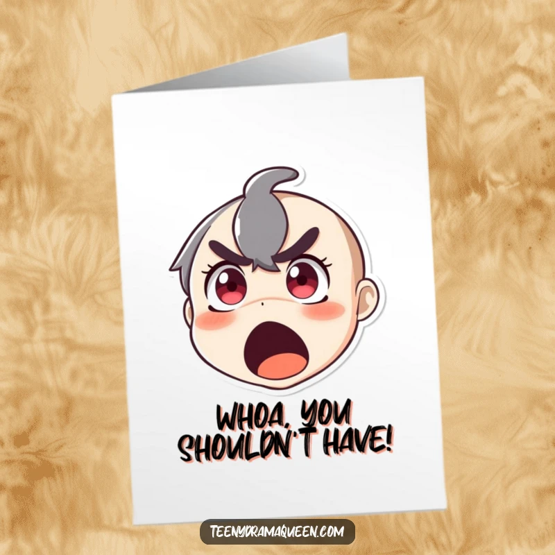 Funny Free Printable Thank You Card: Character's Mouth Open and Eyes Wide in a Shocked Expression of Gratitude