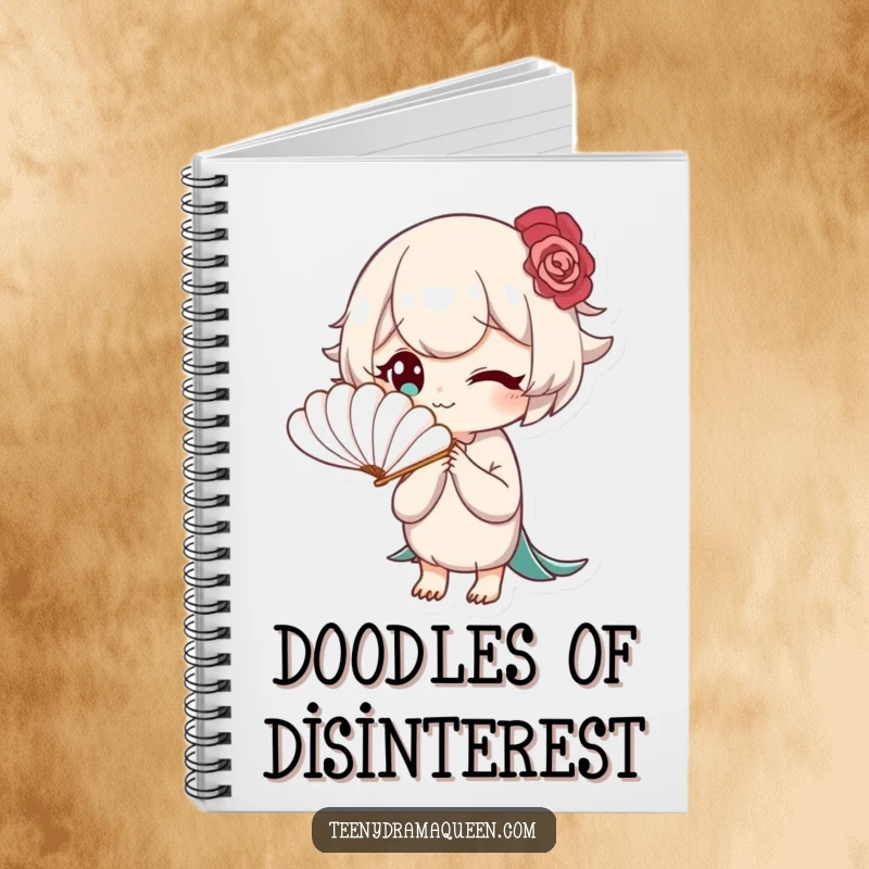 Funny notebook cover featuring a character fanning themselves with a tiny feather fan, looking bored, symbolizing refined thoughts and humor.