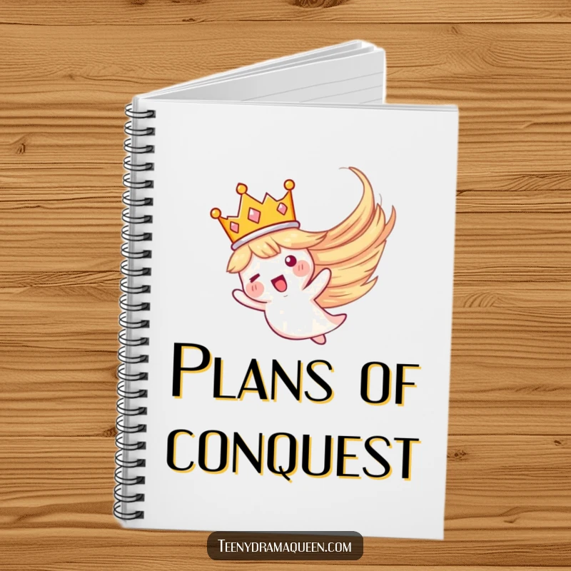 Funny notebook with a tiny crown dramatically flying in a whirlwind, perfect for jotting down royal ideas and plans.