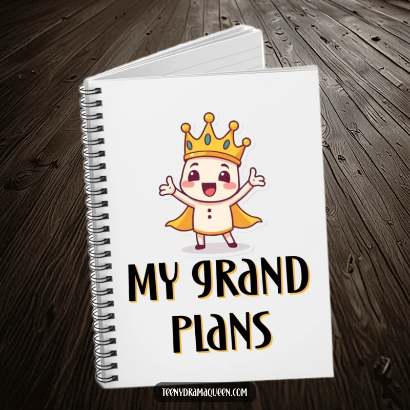 Funny crown character notebook, tiny, wobbly, dramatic gesture, inspiring grand ideas and theatrical writing.