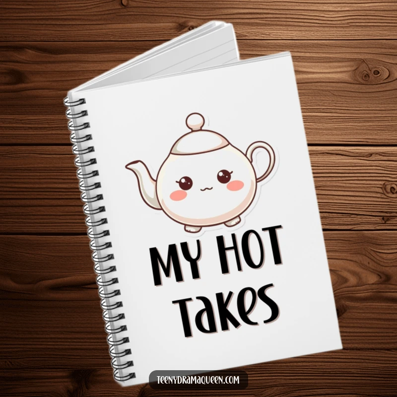 Funny teapot character notebook, very small, expressive, tiny raised spout, inspiring cheerful writing.