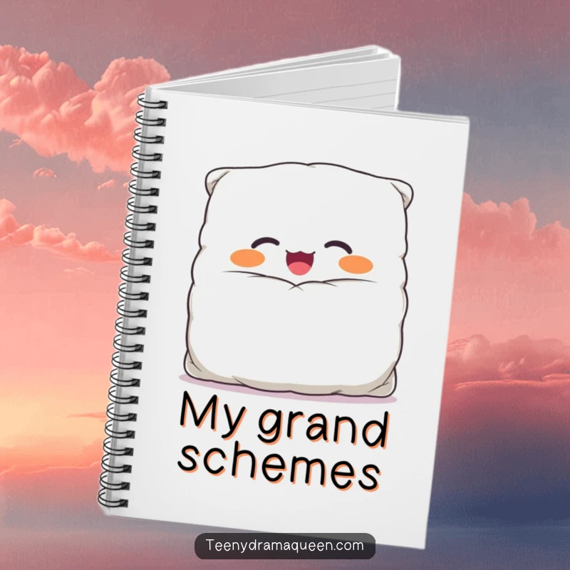 Funny notebook with a giggling, overstuffed pillow character emerging from its comically large case, perfect for jotting notes and ideas.