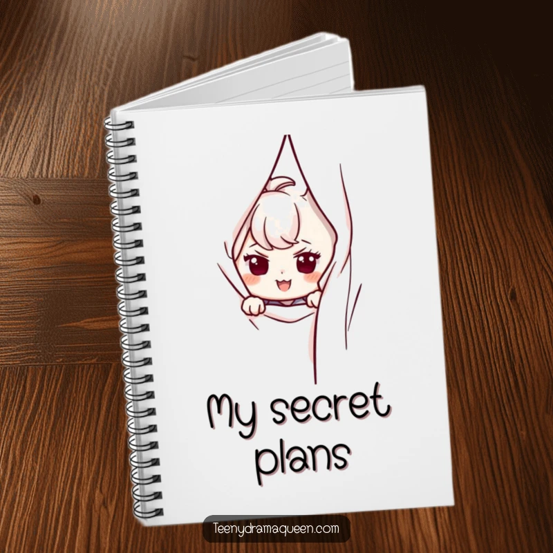 Funny notebook with a character peeking from behind a curtain, exuding a mischievous and sly expression.