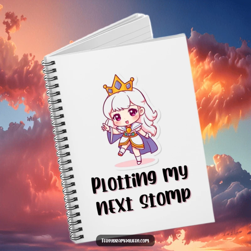 Funny notebook with a miniature queen character stomping her foot, perfect for jotting down funny royal plans or thoughts. Excellent funny gift.