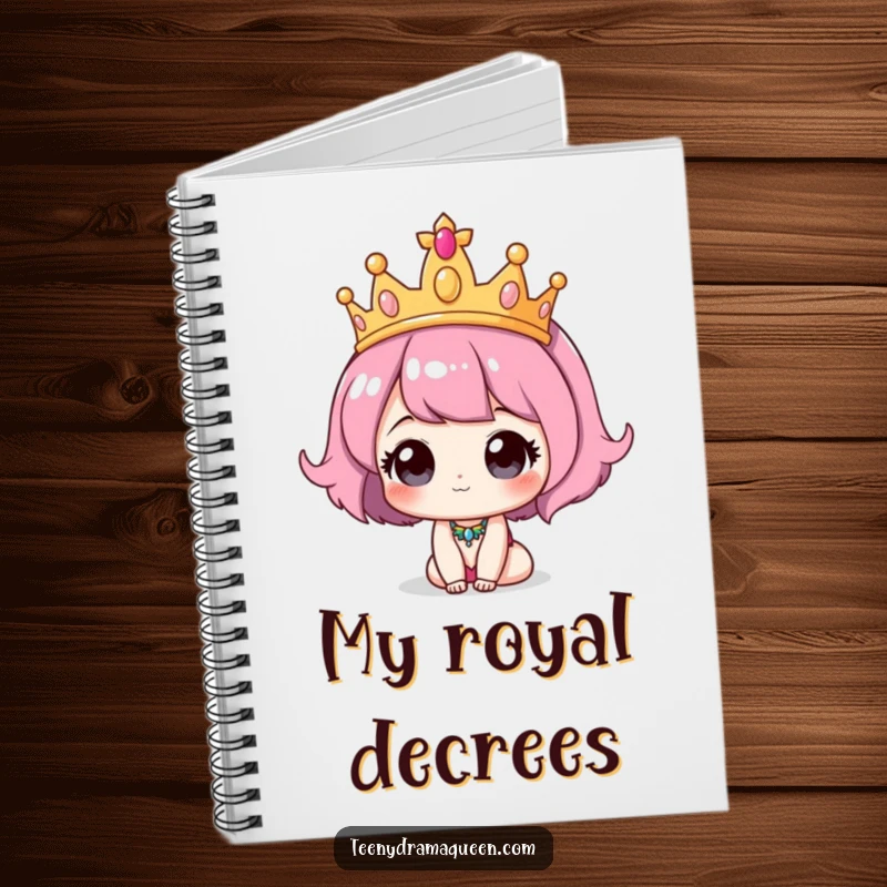 Funny Tiara Notebook: A cute character wearing a comically oversized tiara, perfect for capturing regal ideas and plans.
