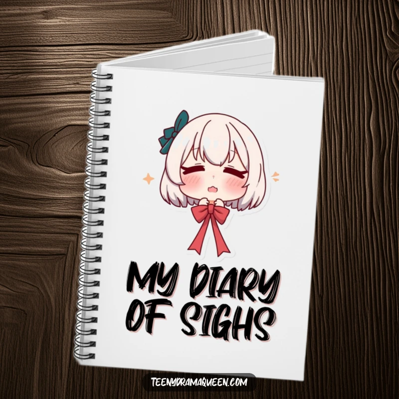 Funny notebook cover featuring a character pouting and dramatically sighing while releasing a ribbon, symbolizing expressive writing and humor.