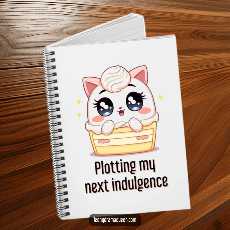 Funny notebook with a cake slice, big sparkling eyes, and fanning action, perfect for jotting down dramatic thoughts.