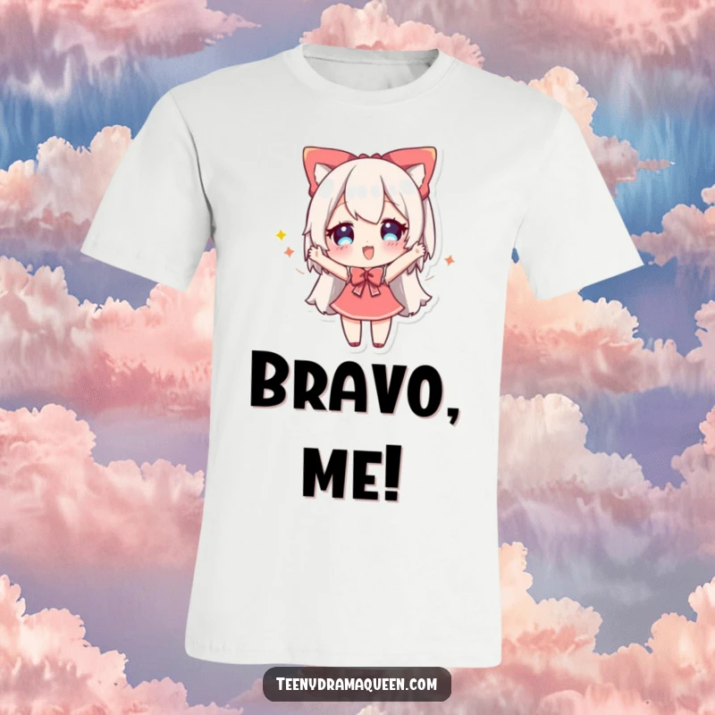 Funny t-shirt featuring a cheery character striking a dramatic, celebratory bow, conveying joy and a sense of performance.