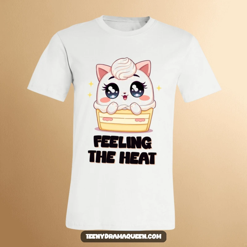 Funny t-shirt depicting a cake slice with huge, sparkling eyes, fanning itself intensely to combat perceived heat.