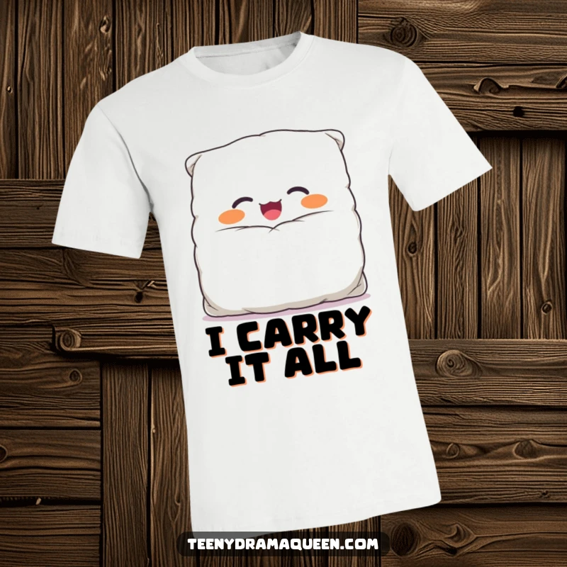 Funny T-Shirt featuring a giggling, overstuffed pillow character with a comically large case, radiating happiness and playful energy.