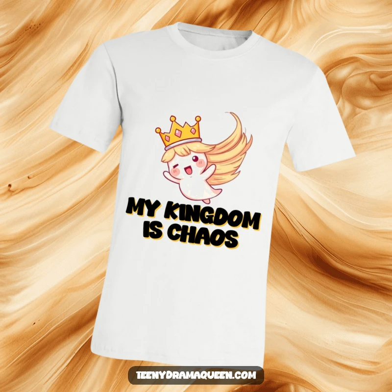 Funny t-shirt with a tiny crown dramatically soaring through a whirlwind, conveying a sense of adventurous royalty.