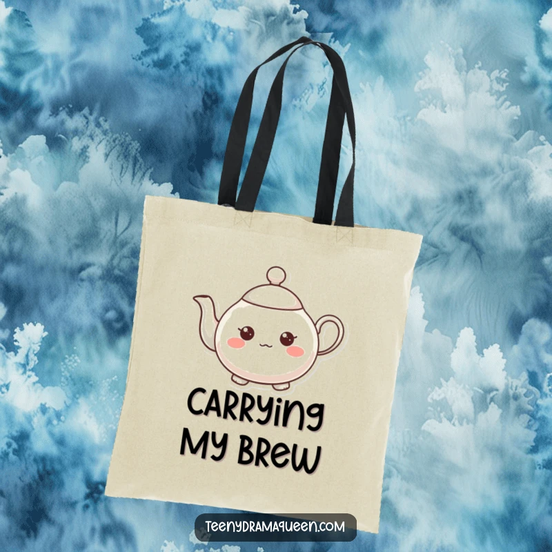 Funny teapot character tote bag, very small, overly expressive, tiny raised spout, a charming and humorous accessory.