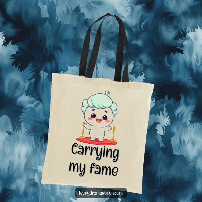 Funny giggling character poses on a red carpet, beaming, ideal for carrying essentials with star quality and humor.