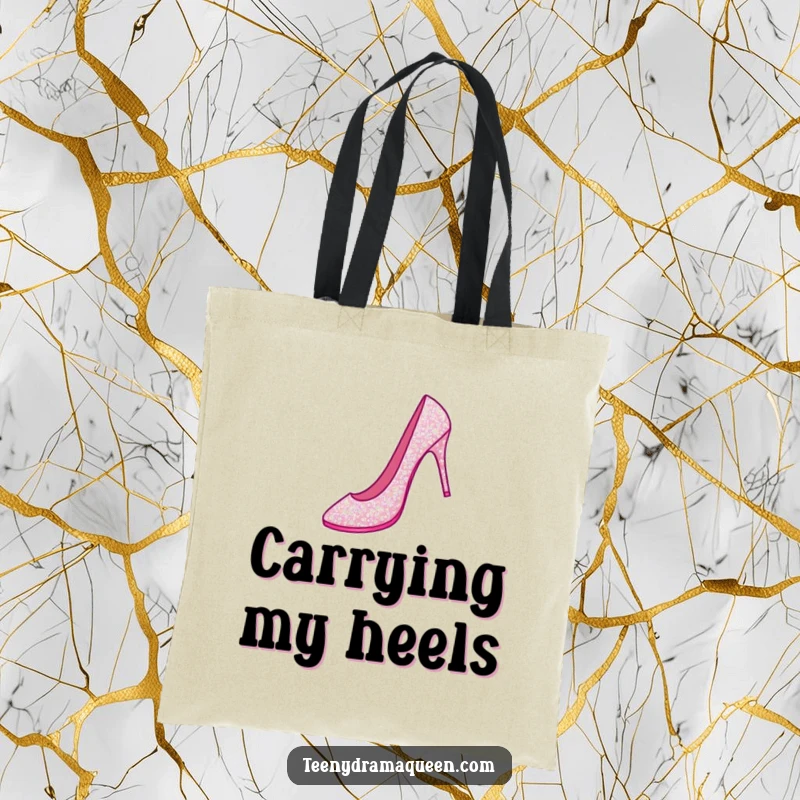 Funny tote bag with a sparkly stiletto shoe performing a grand jeté, perfect for stylish, humorous everyday use and dance lovers.