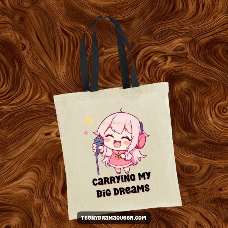 Funny tote bag, a joyful character stretching for a tiny microphone, symbolizing aspiration and humor.