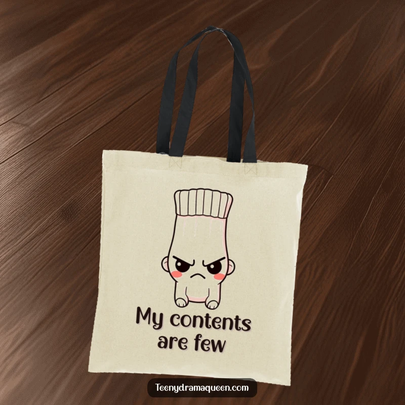 Funny tote bag showcasing a tiny, indignant sock character with a stern expression and a hole, ready to carry essentials with attitude.