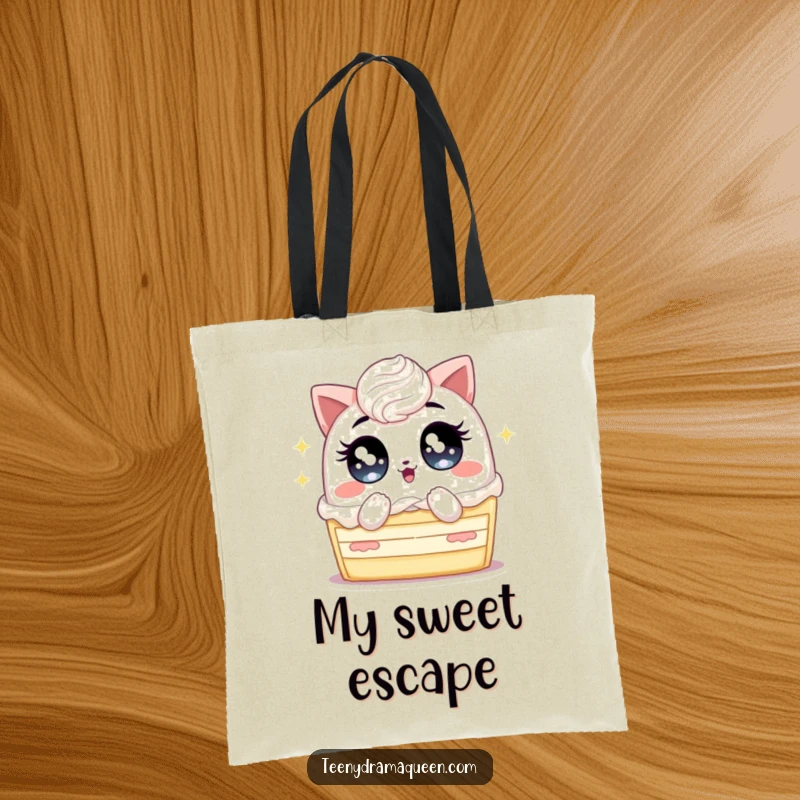 Funny tote bag featuring a cake with big, sparkling eyes, fanning itself vigorously, ideal for stylish, humorous everyday use.