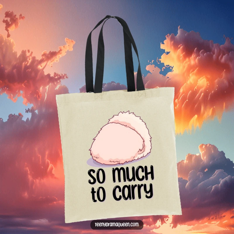 Funny tote bag showcasing a dramatic, overly fluffy slipper casting a large, exaggerated shadow, adding a touch of playful drama.